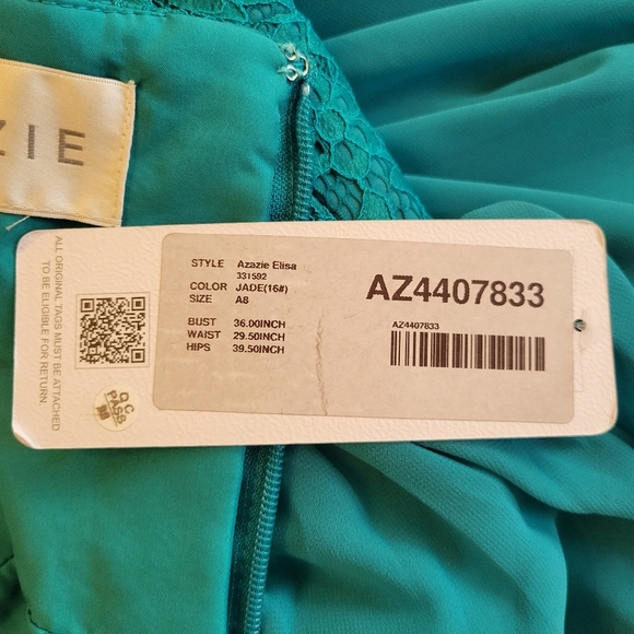 NWT Azazie Elisa in Jade Lace Bodice Long Chiffon Gown Size A8 - Picture 6 of 6